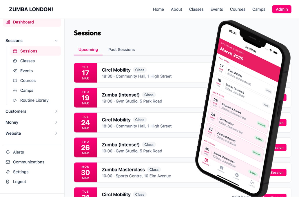 Zumbook booking system — desktop and mobile sessions view